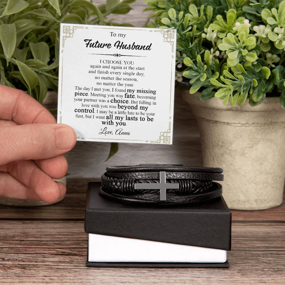 Gifts for Husband Brother Boyfriend Fiance Gift for Future Husband Leather Bracelet Gift, Romantic Gift for Fiance, Future Husband Engagement Gift, Valentine Fiance Bracelet Gifts Bracelet Cross VIPPP