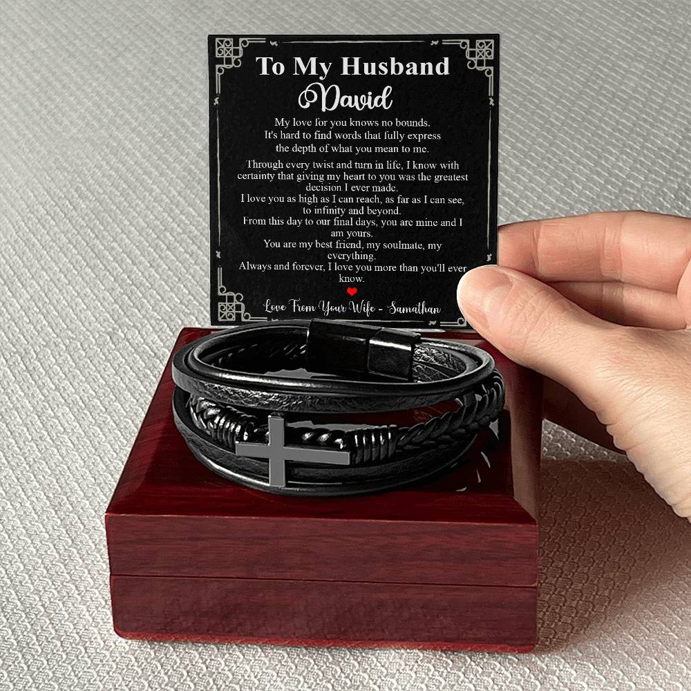 Custom name Gifts for Husband Bracelet Gifts To My Husband Leather Bracelet, Bracelet for Husband on Birthday Anniversary, Valentines Persionalized Gifts for Husband from Wife Ideas for Valentines day Bracelet Cross VIPPP