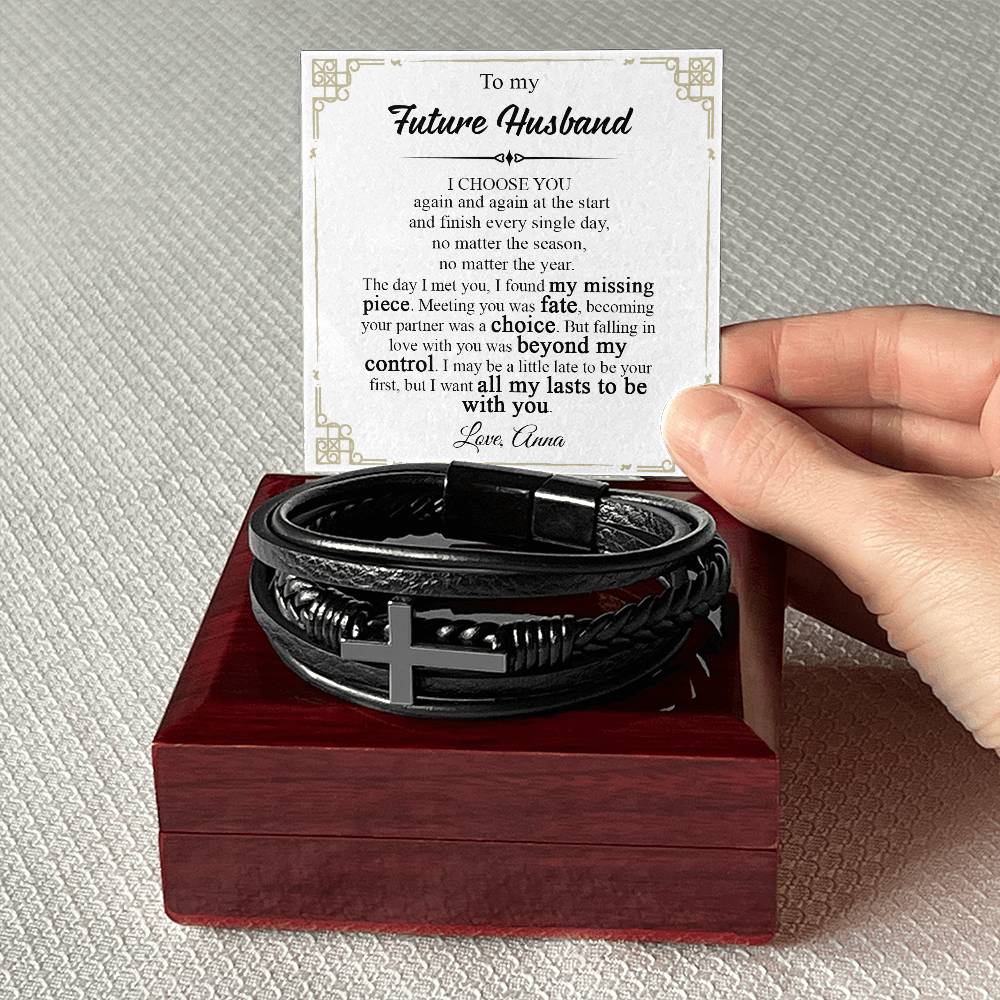 Gifts for Husband Brother Boyfriend Fiance Gift for Future Husband Leather Bracelet Gift, Romantic Gift for Fiance, Future Husband Engagement Gift, Valentine Fiance Bracelet Gifts Bracelet Cross VIPPP