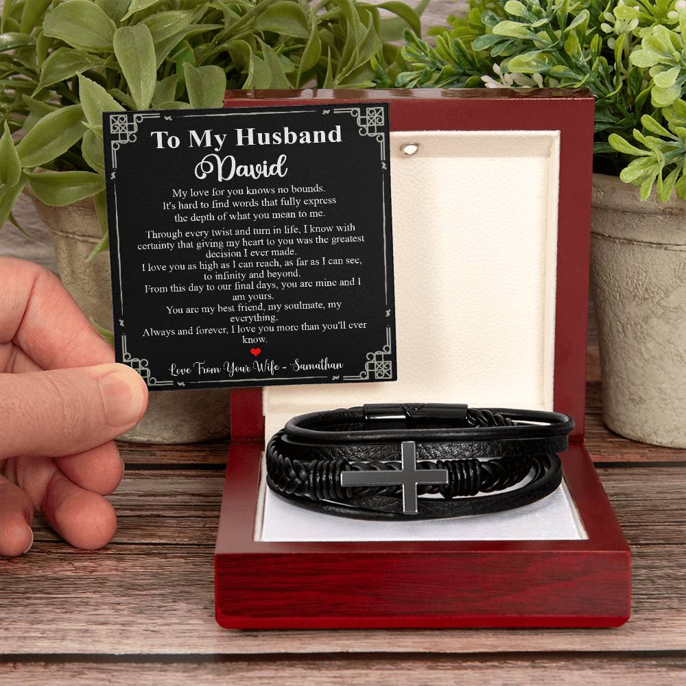 Custom name Gifts for Husband Bracelet Gifts To My Husband Leather Bracelet, Bracelet for Husband on Birthday Anniversary, Valentines Persionalized Gifts for Husband from Wife Ideas for Valentines day Bracelet Cross VIPPP