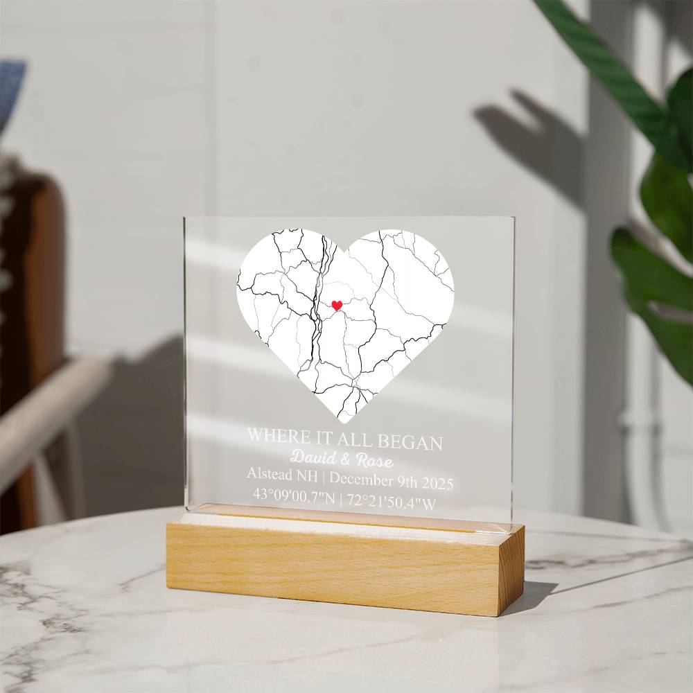 Personalized Acrylic “Where It All Began”  with Wood Stand – Custom Coordinates, Names & Date, Romantic Gift for Wife, Husband, Boyfriend, Girlfriend