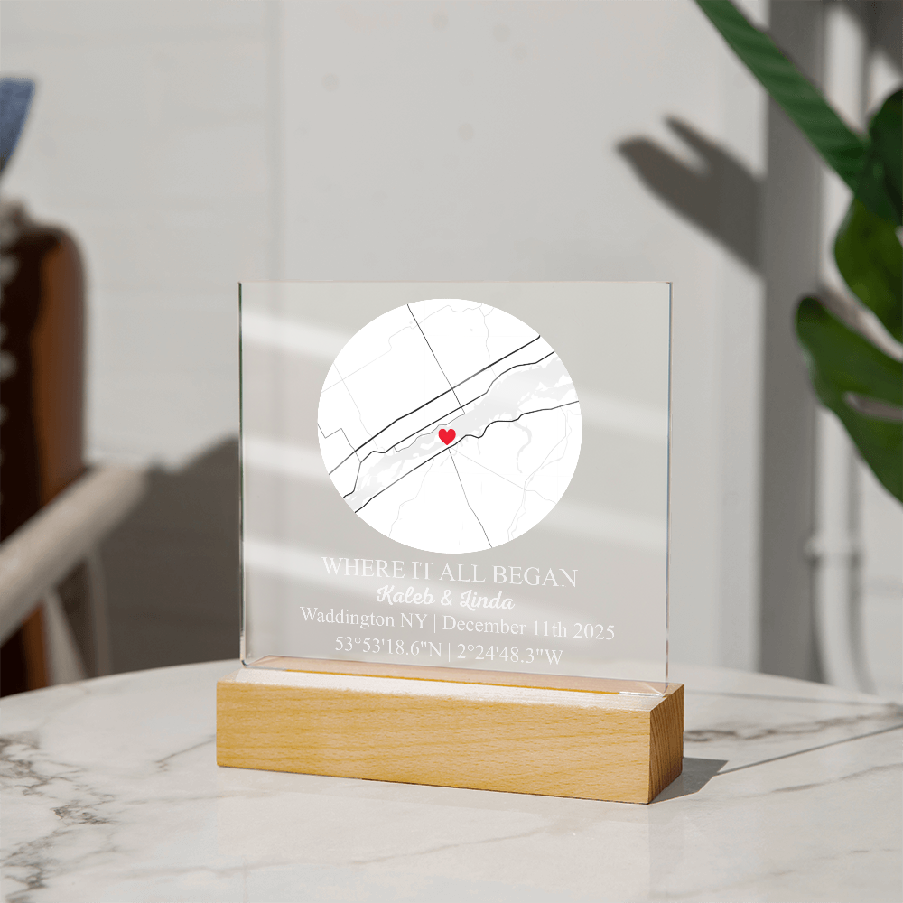 Personalized Acrylic “Where It All Began”  with Wood Stand – Custom Coordinates, Names & Date, Romantic Gift for Wife, Husband, Boyfriend, Girlfriend