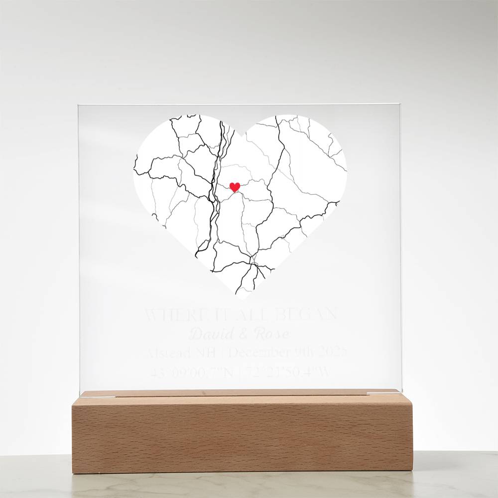 Personalized Acrylic “Where It All Began”  with Wood Stand – Custom Coordinates, Names & Date, Romantic Gift for Wife, Husband, Boyfriend, Girlfriend