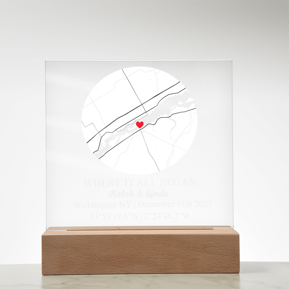 Personalized Acrylic “Where It All Began”  with Wood Stand – Custom Coordinates, Names & Date, Romantic Gift for Wife, Husband, Boyfriend, Girlfriend