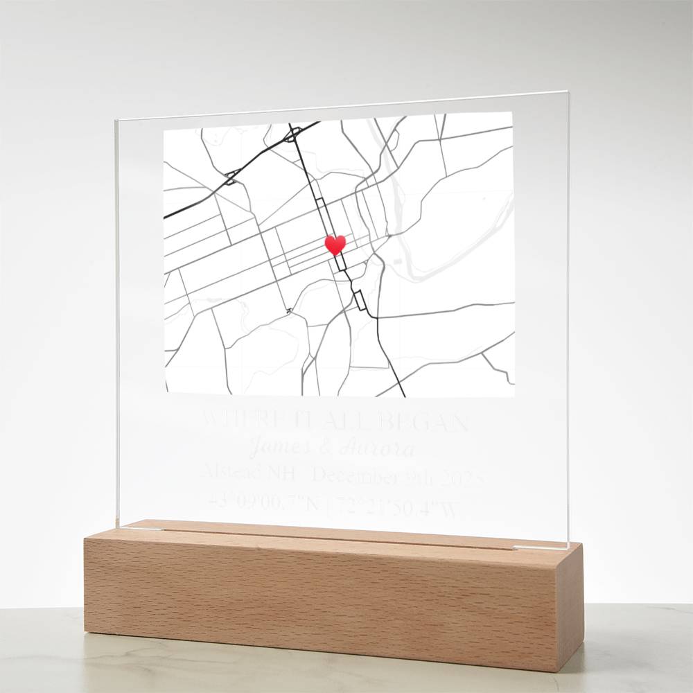 Personalized Acrylic “Where It All Began”  with Wood Stand – Custom Coordinates, Names & Date, Romantic Gift for Wife, Husband, Boyfriend, Girlfriend