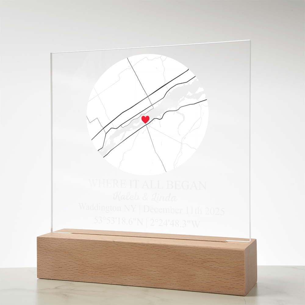 Personalized Acrylic “Where It All Began”  with Wood Stand – Custom Coordinates, Names & Date, Romantic Gift for Wife, Husband, Boyfriend, Girlfriend