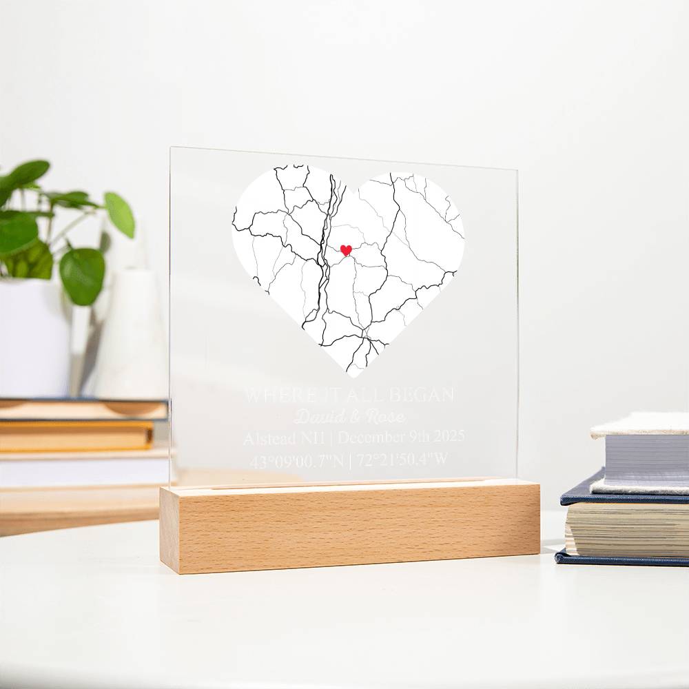 Personalized Acrylic “Where It All Began”  with Wood Stand – Custom Coordinates, Names & Date, Romantic Gift for Wife, Husband, Boyfriend, Girlfriend