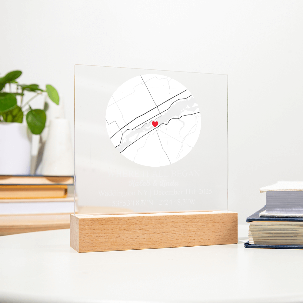 Personalized Acrylic “Where It All Began”  with Wood Stand – Custom Coordinates, Names & Date, Romantic Gift for Wife, Husband, Boyfriend, Girlfriend