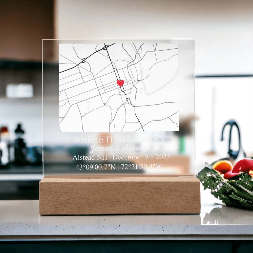 Personalized Acrylic “Where It All Began”  with Wood Stand – Custom Coordinates, Names & Date, Romantic Gift for Wife, Husband, Boyfriend, Girlfriend