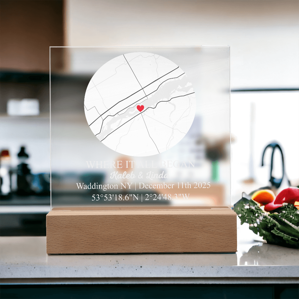 Personalized Acrylic “Where It All Began”  with Wood Stand – Custom Coordinates, Names & Date, Romantic Gift for Wife, Husband, Boyfriend, Girlfriend