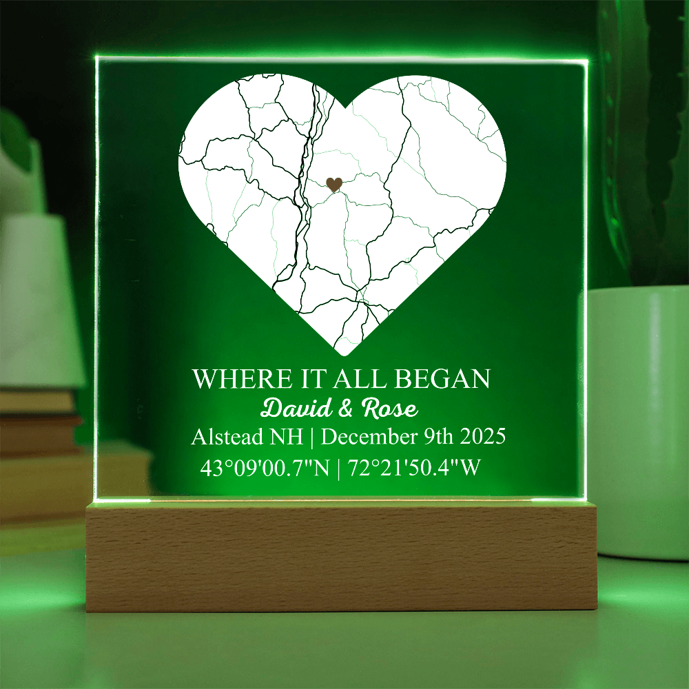 Personalized Acrylic “Where It All Began”  with Wood Stand – Custom Coordinates, Names & Date, Romantic Gift for Wife, Husband, Boyfriend, Girlfriend