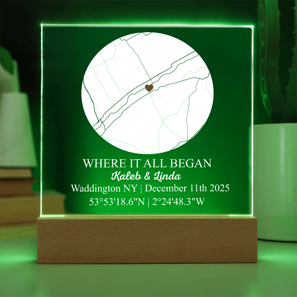 Personalized Acrylic “Where It All Began”  with Wood Stand – Custom Coordinates, Names & Date, Romantic Gift for Wife, Husband, Boyfriend, Girlfriend
