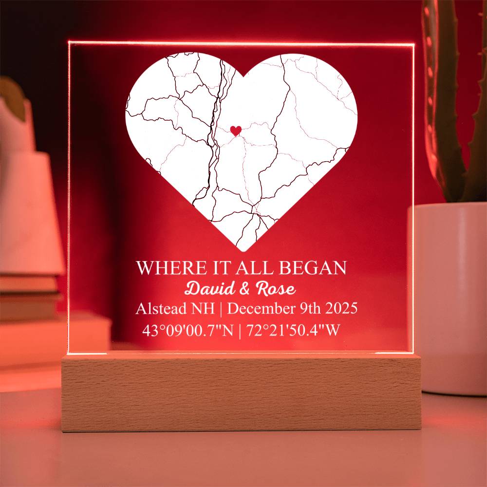 Personalized Acrylic “Where It All Began”  with Wood Stand – Custom Coordinates, Names & Date, Romantic Gift for Wife, Husband, Boyfriend, Girlfriend