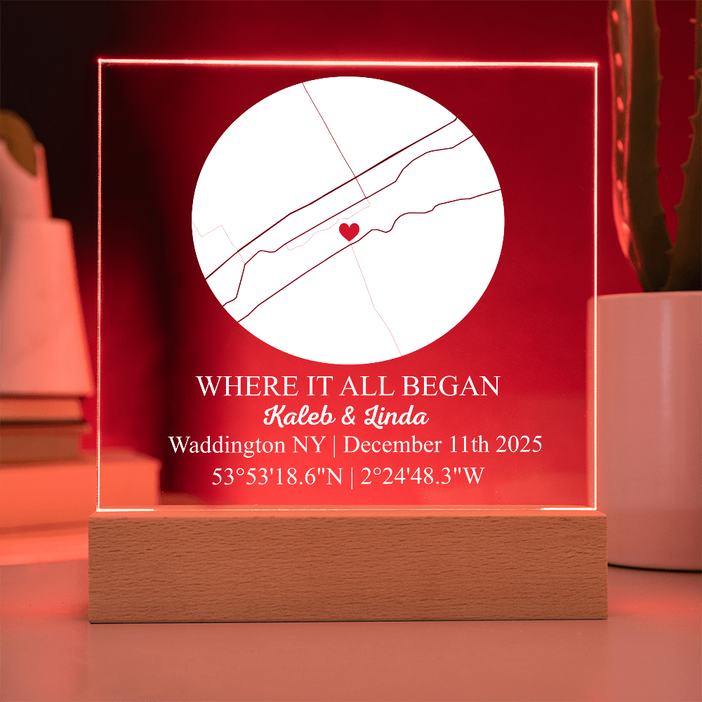 Personalized Acrylic “Where It All Began”  with Wood Stand – Custom Coordinates, Names & Date, Romantic Gift for Wife, Husband, Boyfriend, Girlfriend
