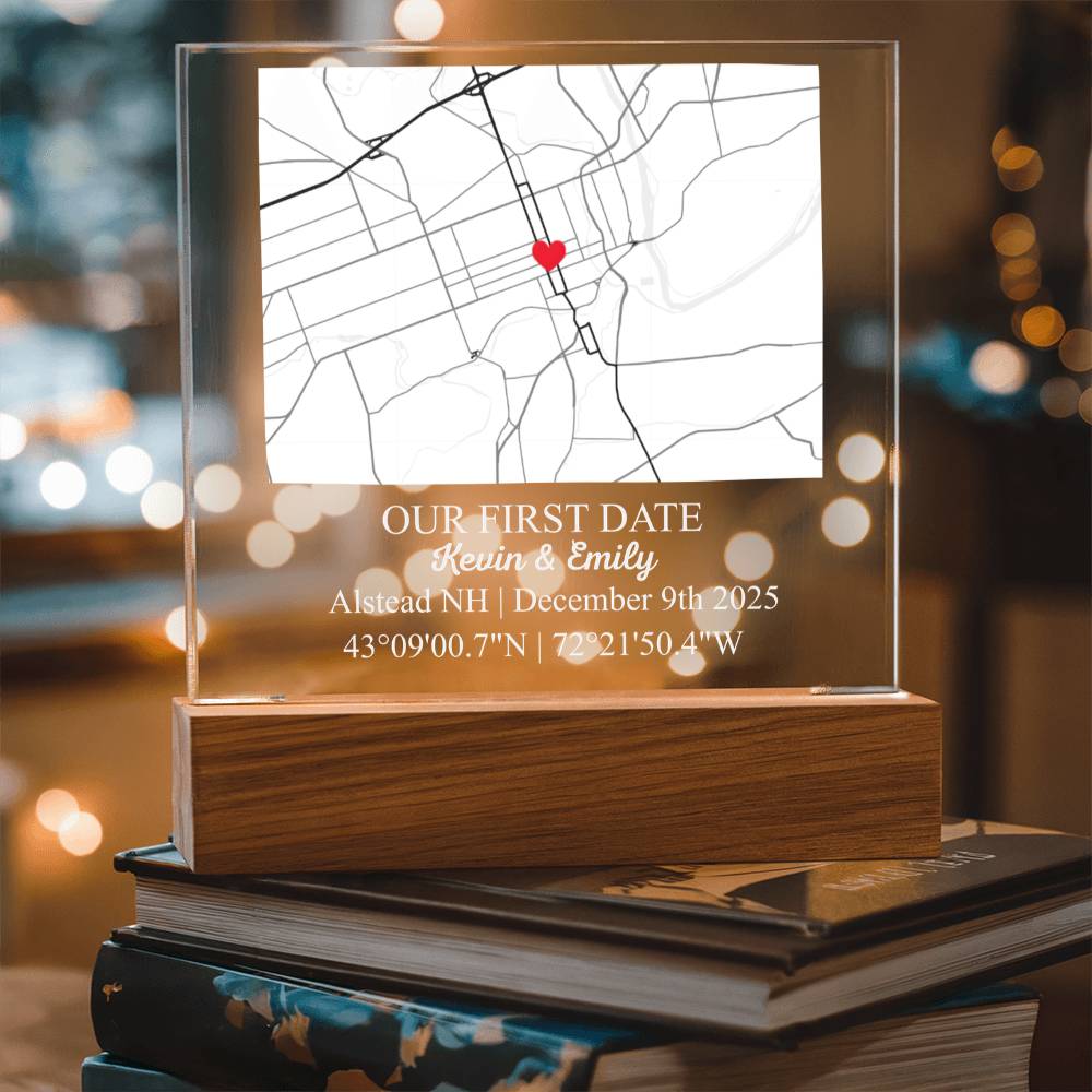 Personalized Acrylic “Where It All Began”  with Wood Stand – Custom Coordinates, Names & Date, Romantic Gift for Wife, Husband, Boyfriend, Girlfriend