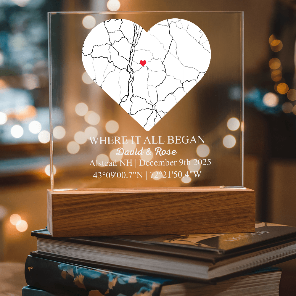 Personalized Acrylic “Where It All Began”  with Wood Stand – Custom Coordinates, Names & Date, Romantic Gift for Wife, Husband, Boyfriend, Girlfriend