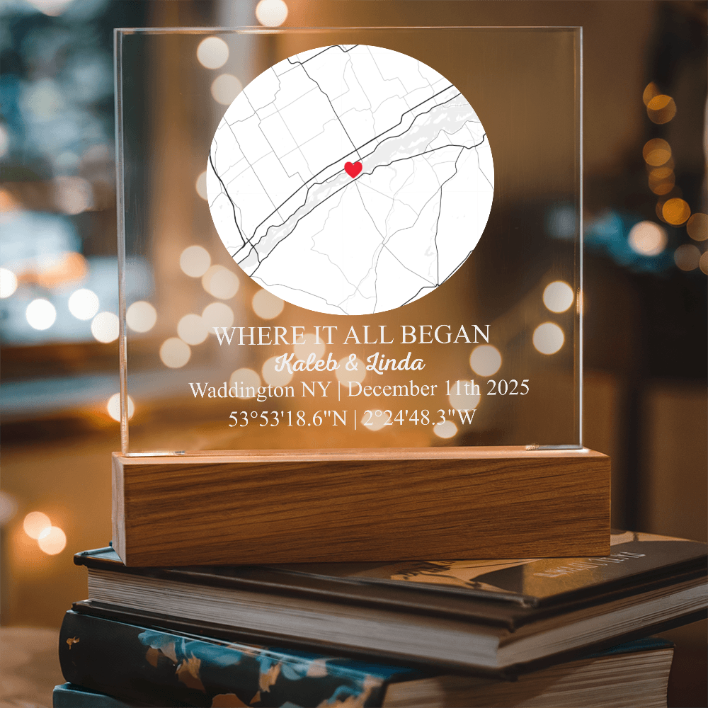Personalized Acrylic “Where It All Began”  with Wood Stand – Custom Coordinates, Names & Date, Romantic Gift for Wife, Husband, Boyfriend, Girlfriend
