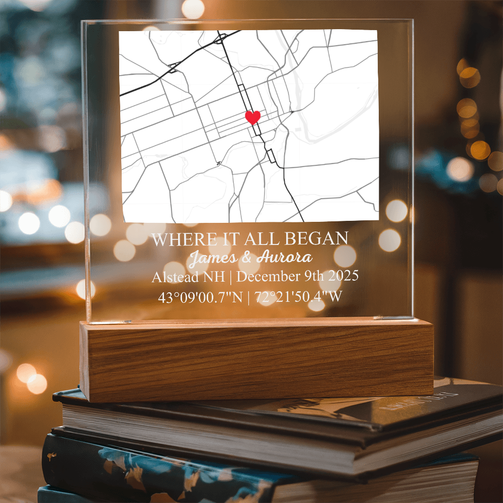 Personalized Acrylic “Where It All Began”  with Wood Stand – Custom Coordinates, Names & Date, Romantic Gift for Wife, Husband, Boyfriend, Girlfriend