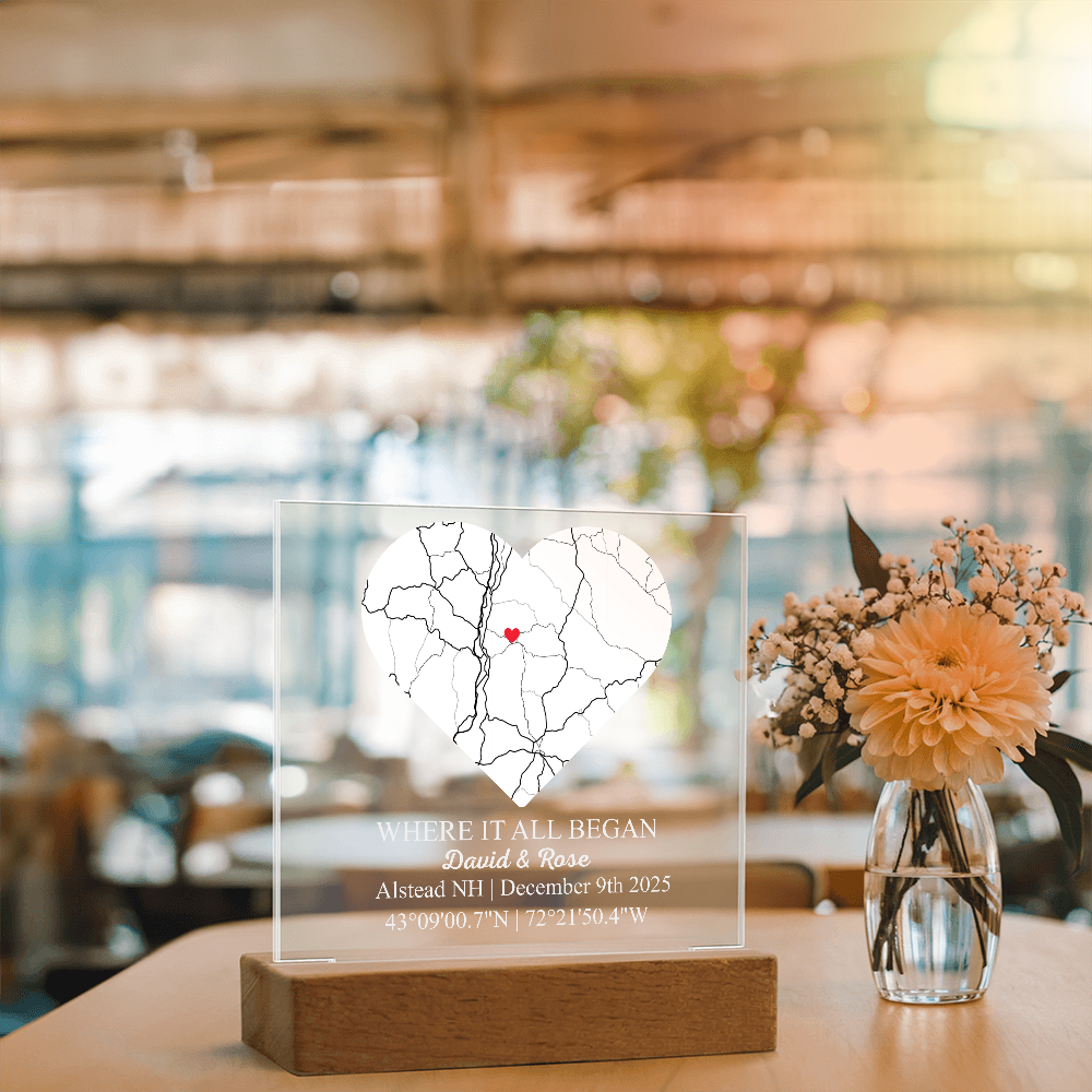 Personalized Acrylic “Where It All Began”  with Wood Stand – Custom Coordinates, Names & Date, Romantic Gift for Wife, Husband, Boyfriend, Girlfriend