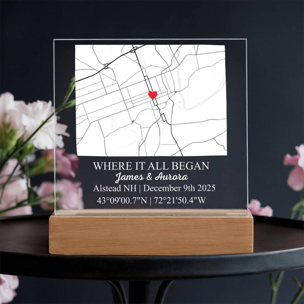Personalized Acrylic “Where It All Began”  with Wood Stand – Custom Coordinates, Names & Date, Romantic Gift for Wife, Husband, Boyfriend, Girlfriend