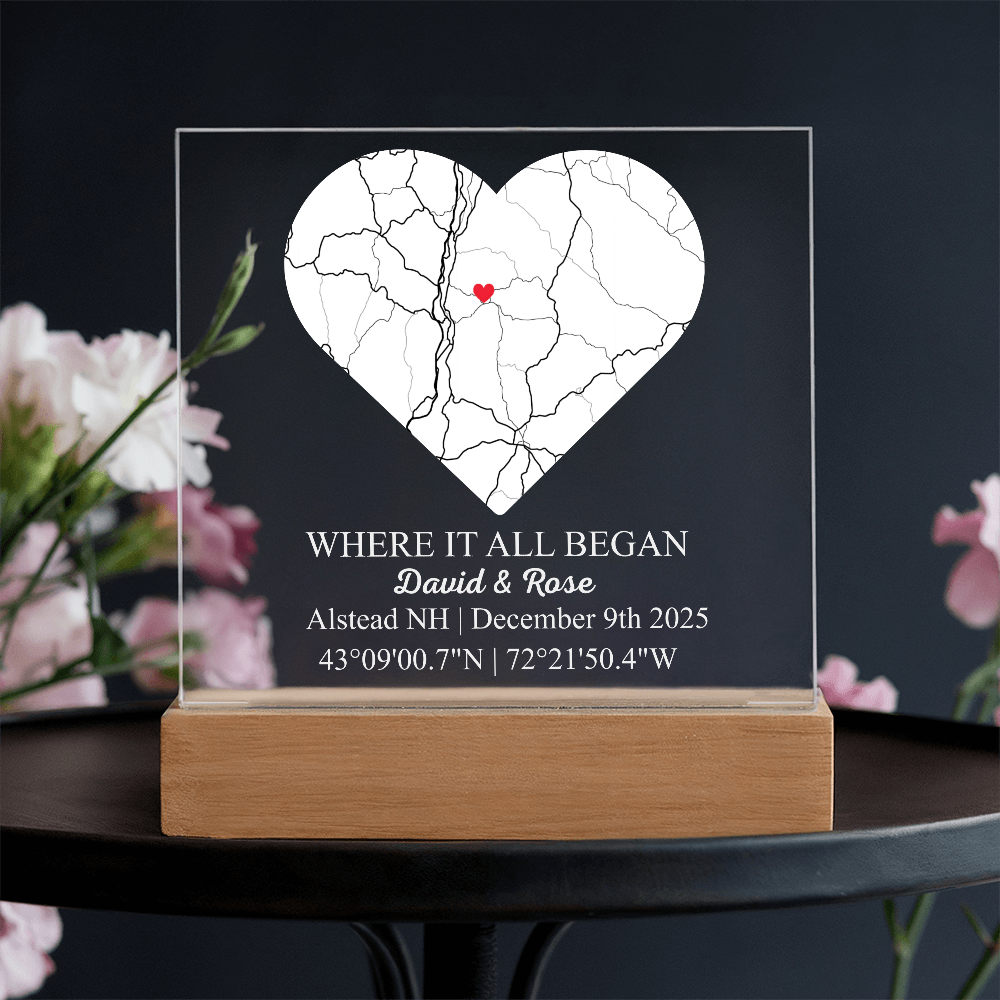 Personalized Acrylic “Where It All Began”  with Wood Stand – Custom Coordinates, Names & Date, Romantic Gift for Wife, Husband, Boyfriend, Girlfriend