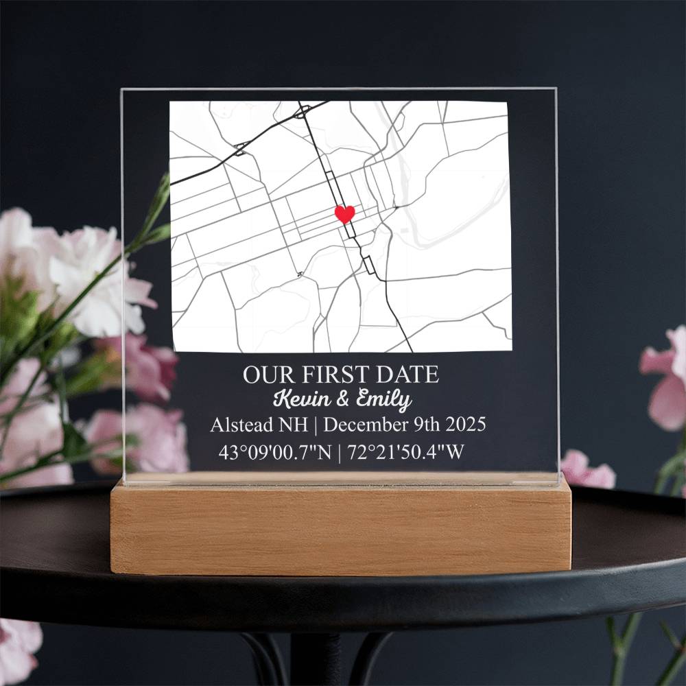 Personalized Acrylic “Where It All Began”  with Wood Stand – Custom Coordinates, Names & Date, Romantic Gift for Wife, Husband, Boyfriend, Girlfriend