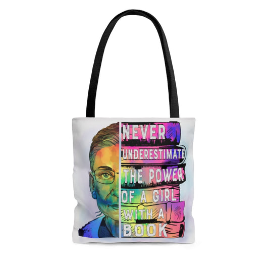 Motivational Quotes Never Underestimate The Power of a Girl with a Book RBG All Over Print Tote Bag – Shoulder Bag – Shopping Bag 13x13 Gifts for Women, Wife, Girlfriend On Christmas, Birthday, Anniv