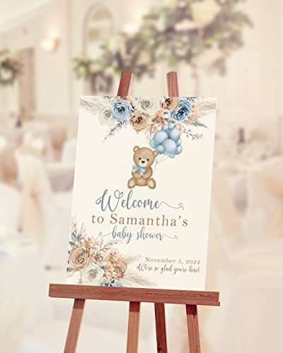 Personalized Baby Bear Shower Welcome Sign, Baby Shower Sign Boy, Blue Pampas Grass Boho Blue Bear Baby Shower Decorations, We Can Bearly Wait Sign Fullsize
