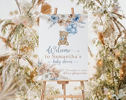 Personalized Baby Bear Shower Welcome Sign, Baby Shower Sign Boy, Blue Pampas Grass Boho Blue Bear Baby Shower Decorations, We Can Bearly Wait Sign Fullsize