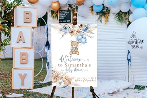 Personalized Baby Bear Shower Welcome Sign, Baby Shower Sign Boy, Blue Pampas Grass Boho Blue Bear Baby Shower Decorations, We Can Bearly Wait Sign Fullsize