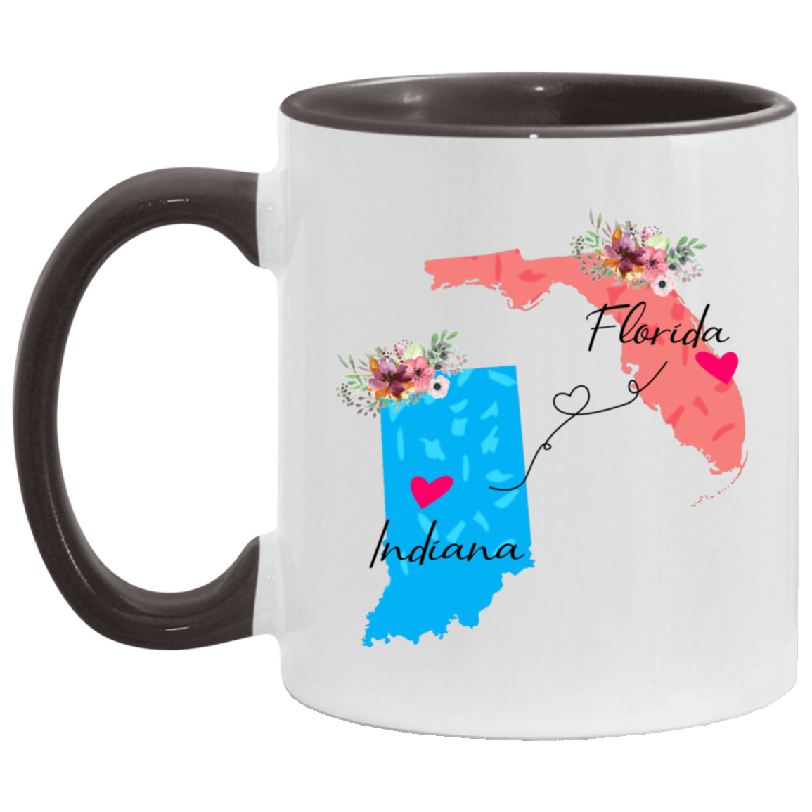 States Accent Mugs Florida Indiana Gifts - Long Distance State Two Tone Coffee Mug - State To State - Away From Home Family - Moving Away Mug Gifts on Christmas, Birthday AM11OZ Accent Mug