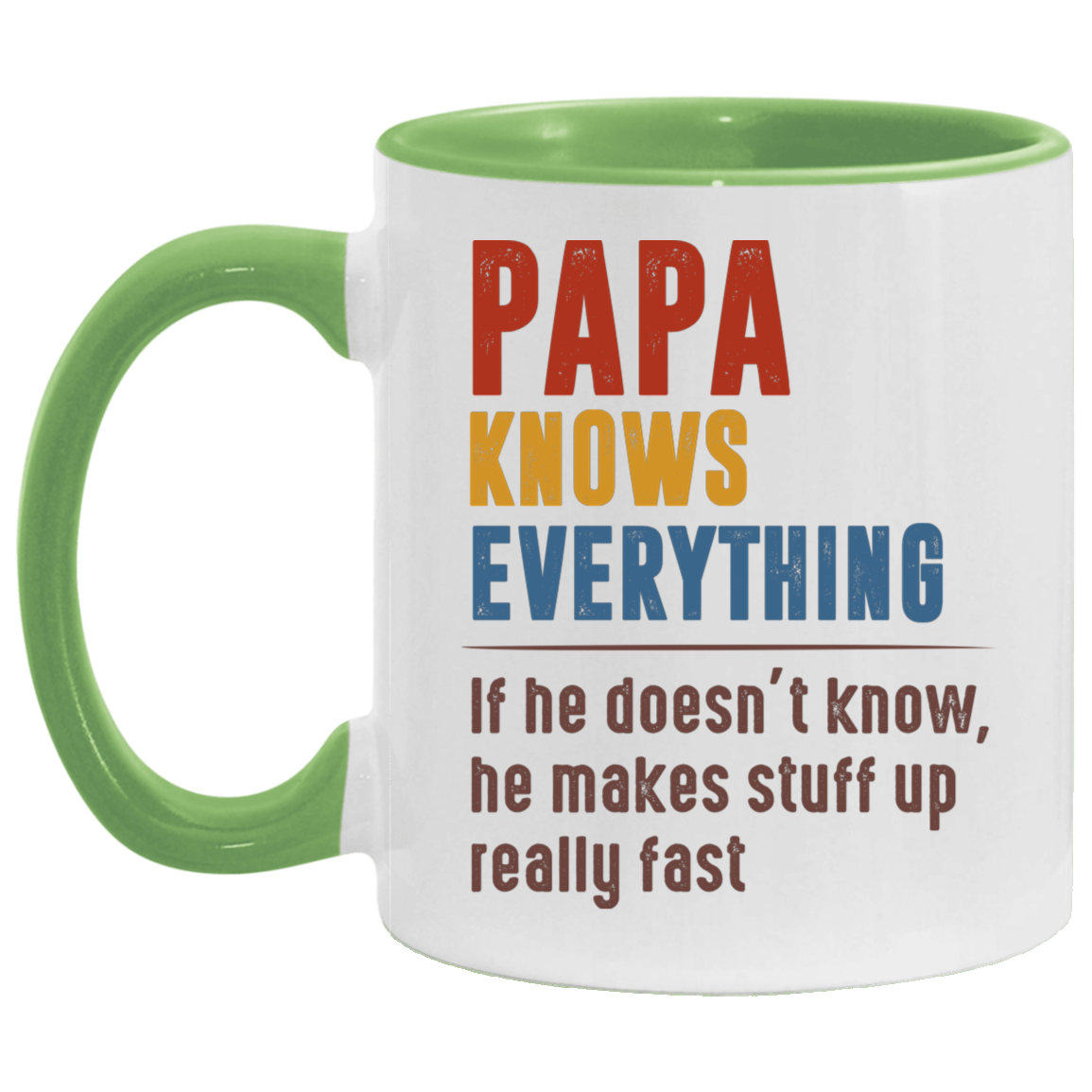 Cute Mug Papa Knows Everything If He Doesn’t Know He Makes Stuff Up Really Fast Accent Mug On Birthday Gift Valentine’s Day, Boyfriend, Girlfriend, Husband or Wife Capacity 2 Side White - Light Green AM11OZ 11 oz. Accent Mug