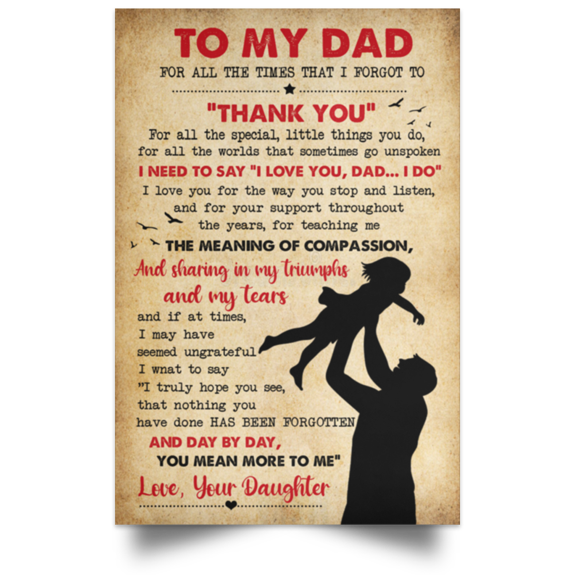 to My Dad from Daughter Poster Dad Daughter Thank for All The Times That I Forgot to Thank You Gift Family Unisex Awesome On Birthday, Decor Home Durable P POSPO Satin Portrait Poster