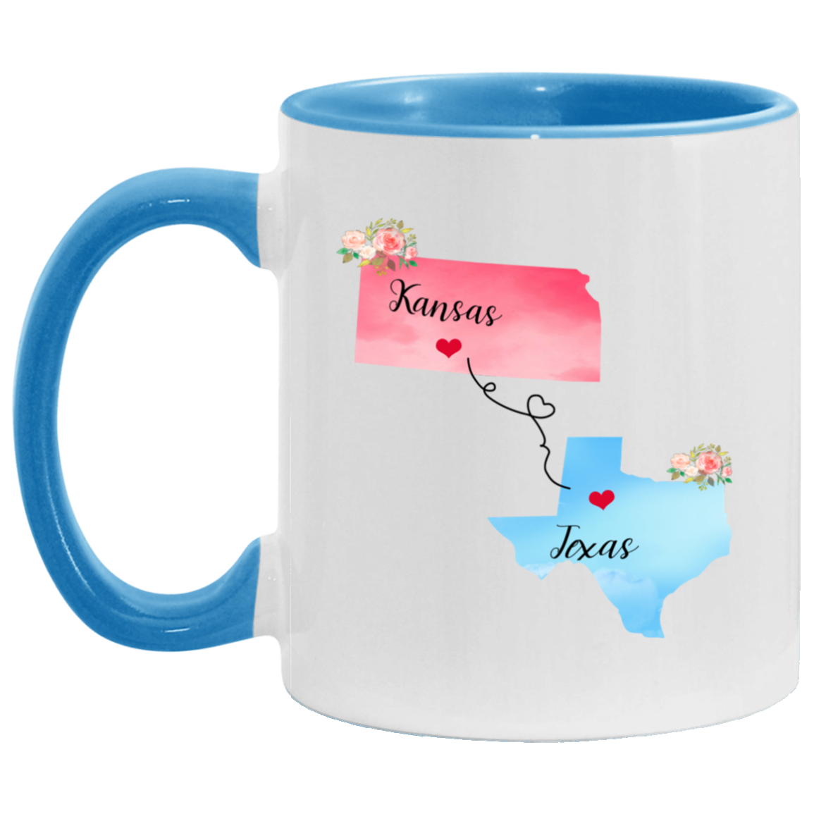 States Accent Mugs Kansas Texas Gifts - Long Distance State Two Tone Coffee Mug - State To State - Away From Home Family - Moving Away Mug Gifts on Christmas, Birthday AM11OZ 11 oz. Accent Mug