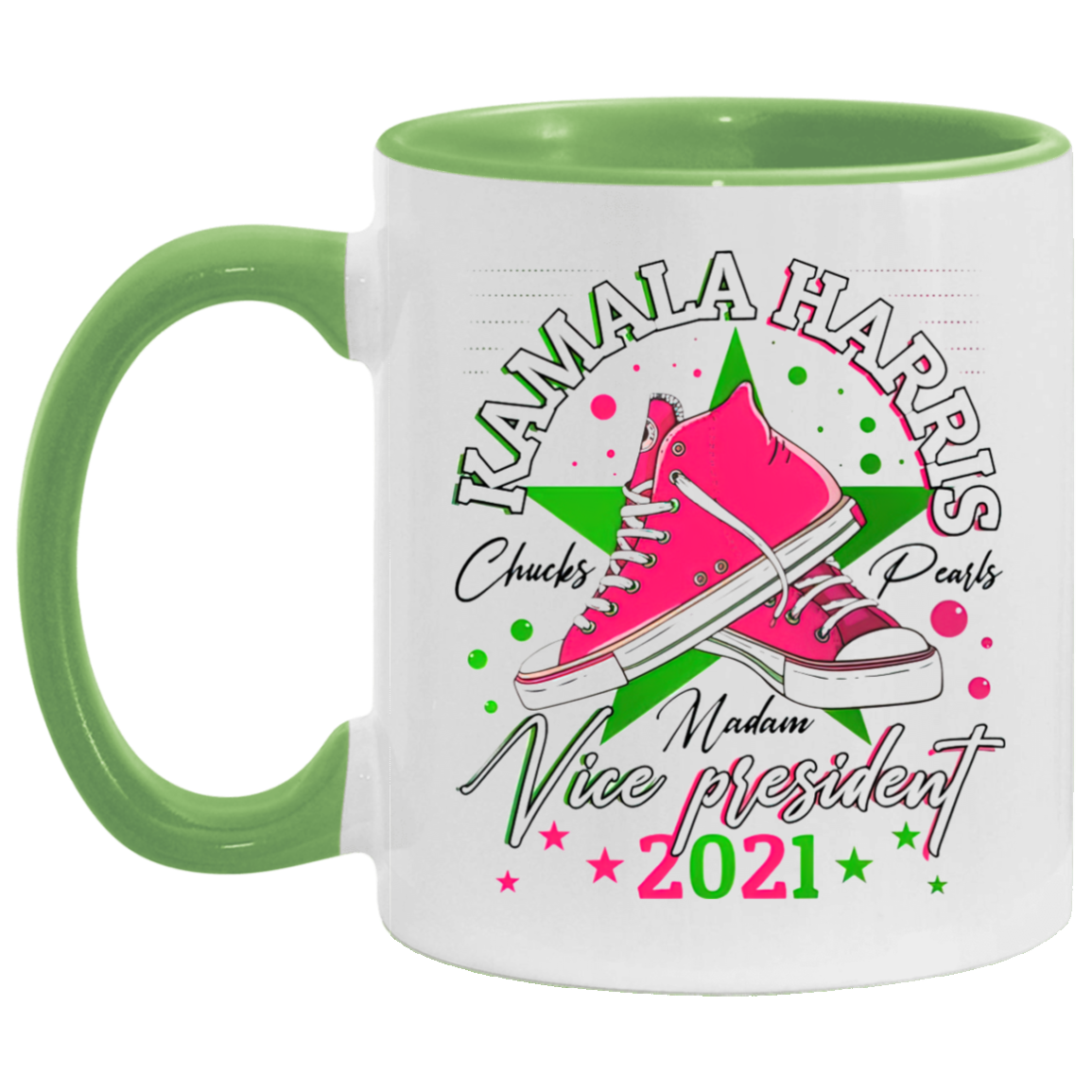 Porcelain Cup Kamala Harris Madame Vice President Chucks and Pearls Aka Sorority 1908 Accent Mug 2 Side, 11 oz White - Light Green Accent Mug Gift Family Unisex Awesome On Birthday, Christmas Gift Cap AM11OZ 11 oz. Accent Mug