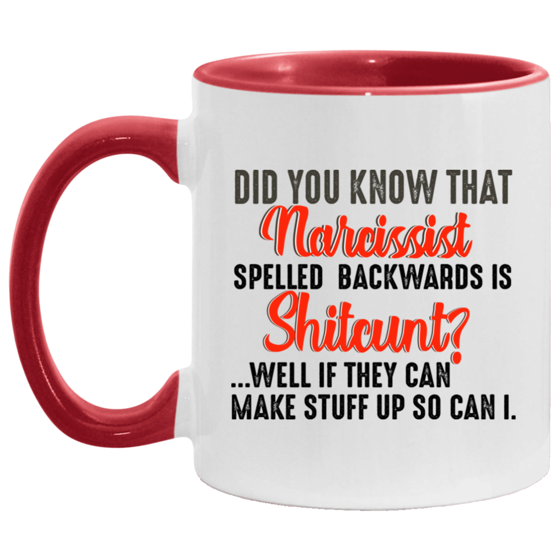 Funny Guy Mugs Did You Know That Narcissist Spelled Backwards Is Shitcunt Accent Mug size 2 Side, 11 oz White - Pink Accent Mug On Birthday Gift Valentine’s Day, Boyfriend, Girlfriend, Husband or Wife AM11OZ Accent Mug