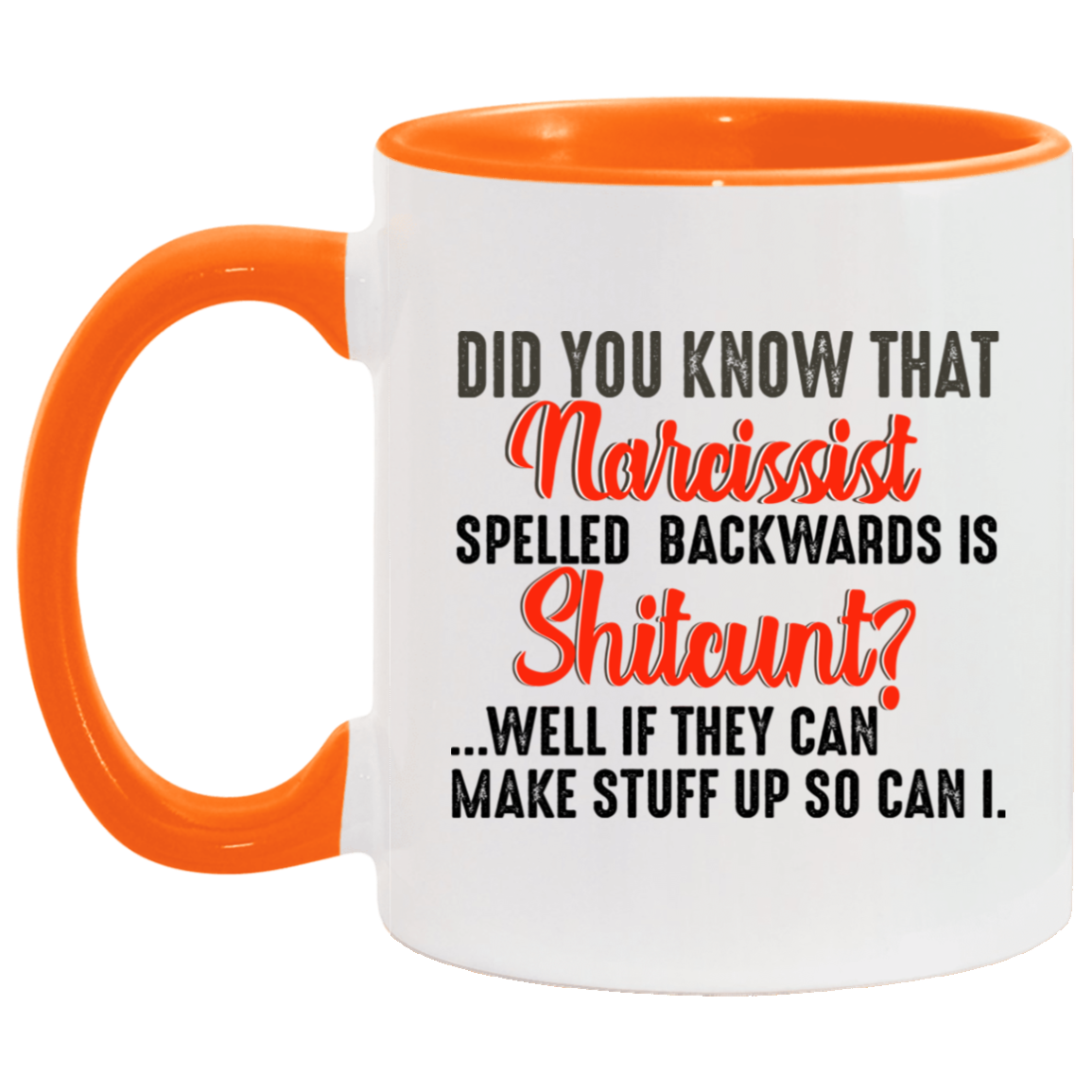 Funny Guy Mugs Did You Know That Narcissist Spelled Backwards Is Shitcunt Accent Mug size 2 Side, 11 oz White - Pink Accent Mug On Birthday Gift Valentine’s Day, Boyfriend, Girlfriend, Husband or Wife AM11OZ Accent Mug