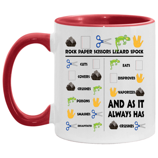 Quote Coffee Mug Rock Paper Scissors Lizard Spock – Funny Hand Sign Game Accent Mug On Birthday Gift Hot Cold Coffee Mug Holder Capacity and Perfect Size 2 Side, 11 oz White - Pink AM11OZ Accent Mug