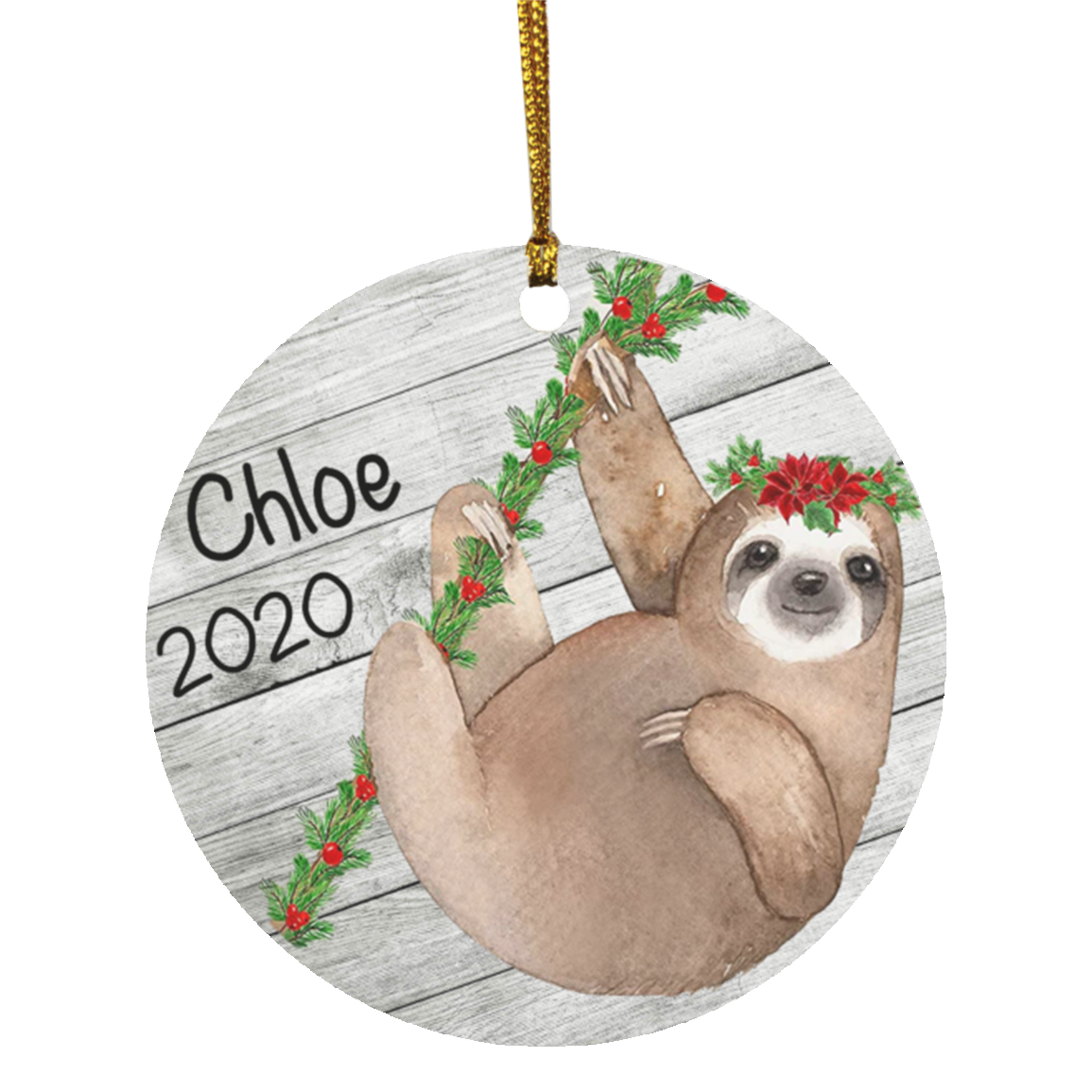 Holiday Sloth Personalized Ornament - MDF - Porcelain - Holiday Ornament - Christmas - Name Year - Custom Ornament - Sloth Ornament SUBORNC Circle Ornament