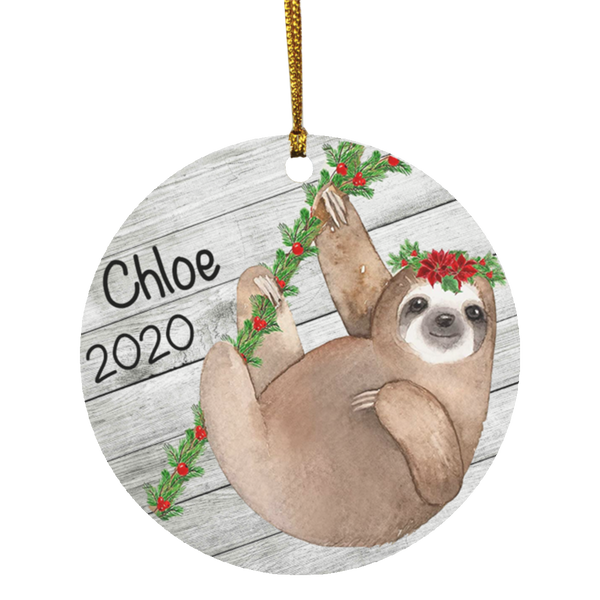 Holiday Sloth Personalized Ornament - MDF - Porcelain - Holiday Ornament - Christmas - Name Year - Custom Ornament - Sloth Ornament SUBORNC Circle Ornament