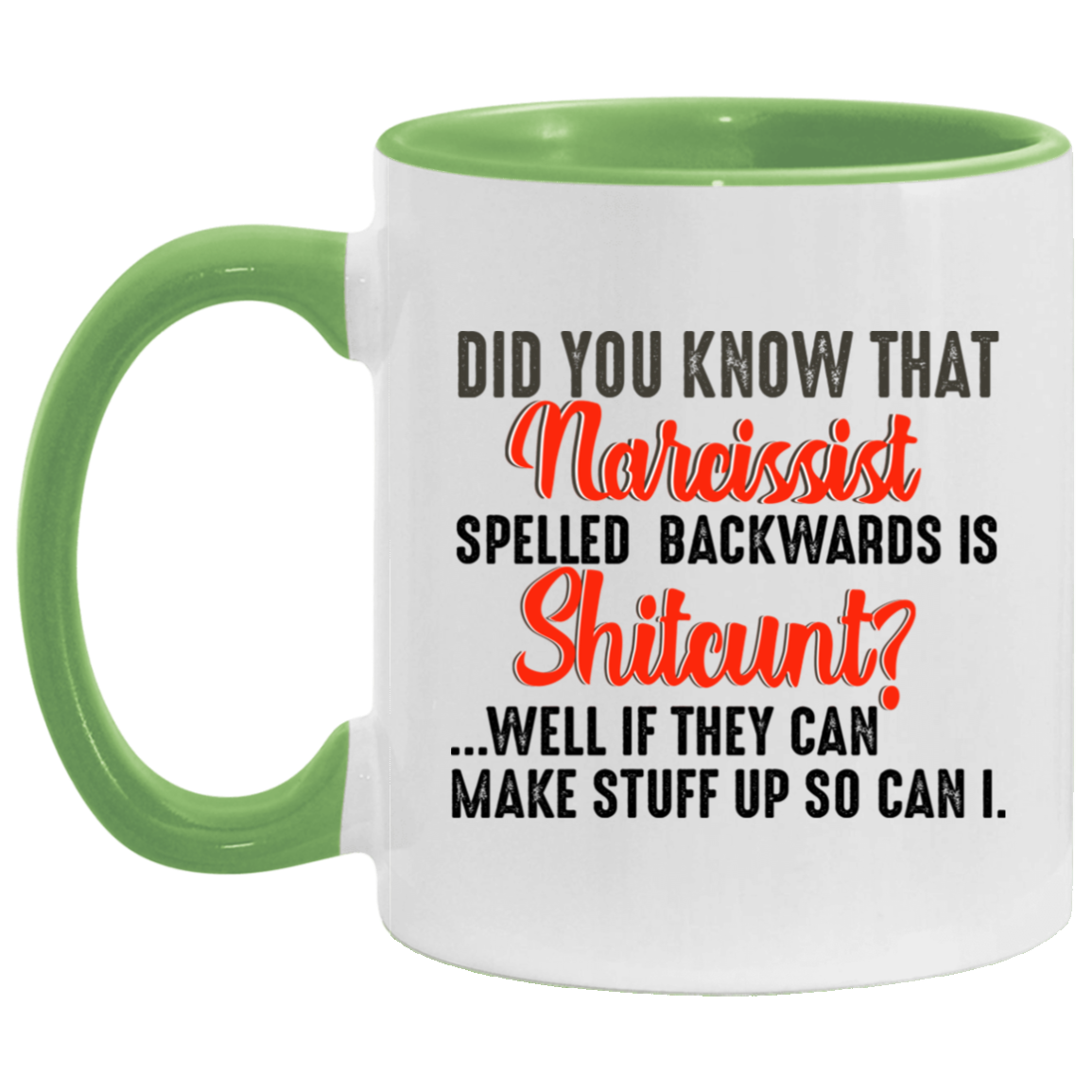 Funny Guy Mugs Did You Know That Narcissist Spelled Backwards Is Shitcunt Accent Mug size 2 Side, 11 oz White - Pink Accent Mug On Birthday Gift Valentine’s Day, Boyfriend, Girlfriend, Husband or Wife AM11OZ Accent Mug