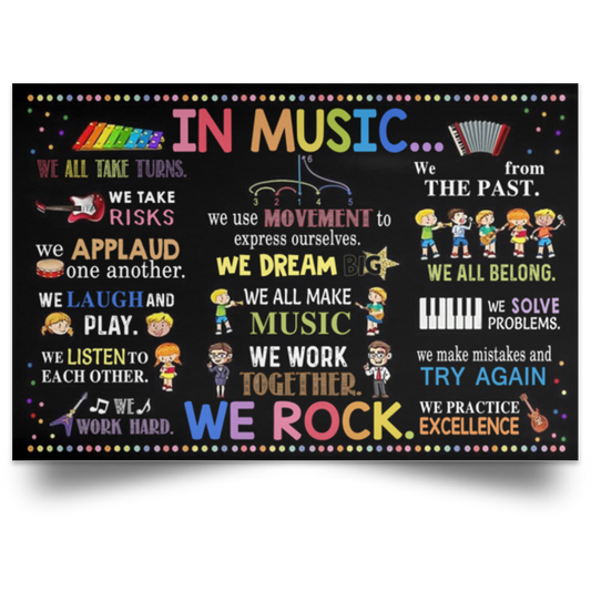 Debra Benn Teacher In Music We Rock Poster, Afcultures Poster Unframed Décor 24x36in, School Decorations For Teachers For Classroom, Posters For School Classroom, Classroom Signs For Walls POSLA Satin Landscape Poster