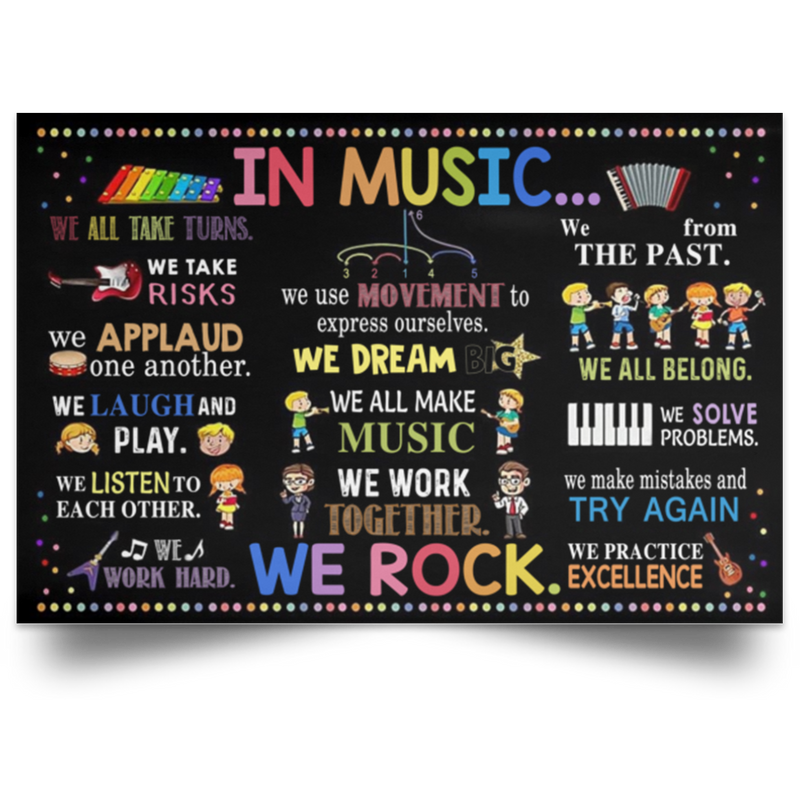 Debra Benn Teacher In Music We Rock Poster, Afcultures Poster Unframed Décor 24x36in, School Decorations For Teachers For Classroom, Posters For School Classroom, Classroom Signs For Walls POSLA Satin Landscape Poster