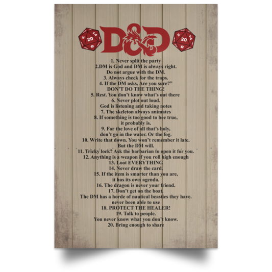 Meaningful Quote Dungeons Dragons Rules Never Split The Party Unframed Poster  Best Gift for Friend, Family Awesome Birthday Gift Decor Home Durable Print POSPO Satin Portrait Poster