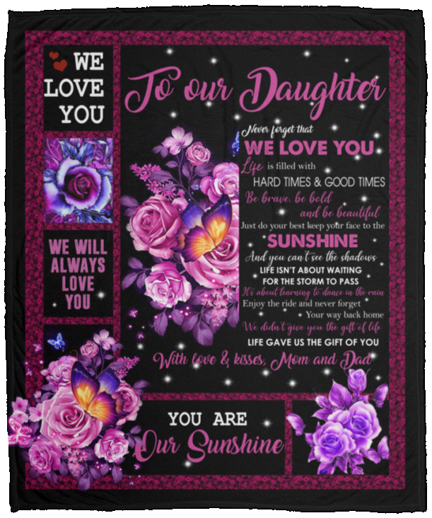 Ananas Pru Parent to Daughter Blanket, to Daughter from dad and mom You are Sunshine Violet Rose Butterfly White Fleece Blanket, Daughter Blanket, Daughter Present, idea, Family Love Blanket ASIN: B08KTCWN7K