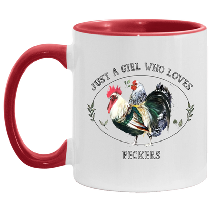 Porcelain Cup Just A Girl Who Loves Peckers Accent Mug – I Love Peckers Chicken Mug 2 Side, 11 oz White - Light Green Accent Mug Gift Family Unisex Awesome On Birthday, Christmas Gift Capacity and Per AM11OZ 11 oz. Accent Mug