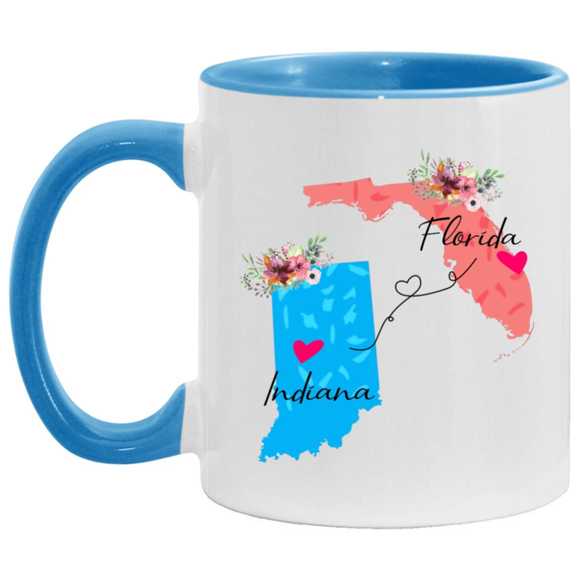 States Accent Mugs Florida Indiana Gifts - Long Distance State Two Tone Coffee Mug - State To State - Away From Home Family - Moving Away Mug Gifts on Christmas, Birthday AM11OZ Accent Mug