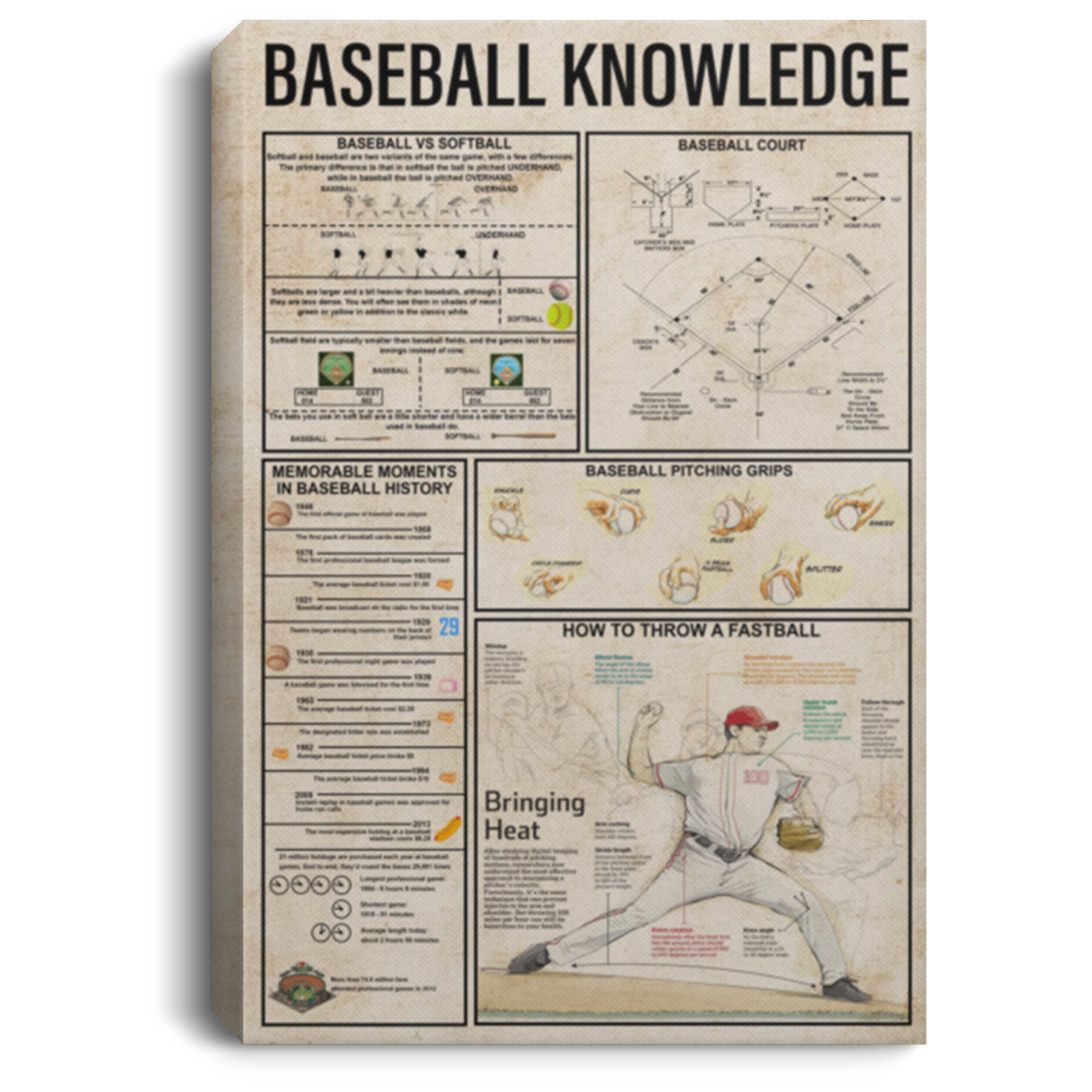 Framed Art Gifts Baseball Knowledge Print Canvas Wall Art Poster Framed Hosue Sign CANPO75 Portrait Canvas .75in Frame