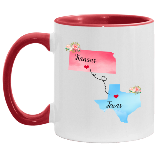 States Accent Mugs Kansas Texas Gifts - Long Distance State Two Tone Coffee Mug - State To State - Away From Home Family - Moving Away Mug Gifts on Christmas, Birthday AM11OZ 11 oz. Accent Mug