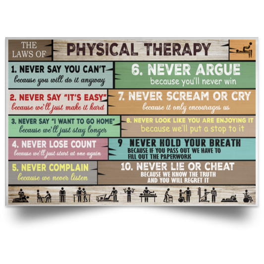 Molomon Gifts Poster The Laws of Physical Therapy Never Say You Can’t Because You Will Do It Anyway Art Print Family Friend Gift Unisex, Wedding, Awesome Birthday Perfect Happy Birthday Decor Bedroom POSLA Satin Landscape Poster